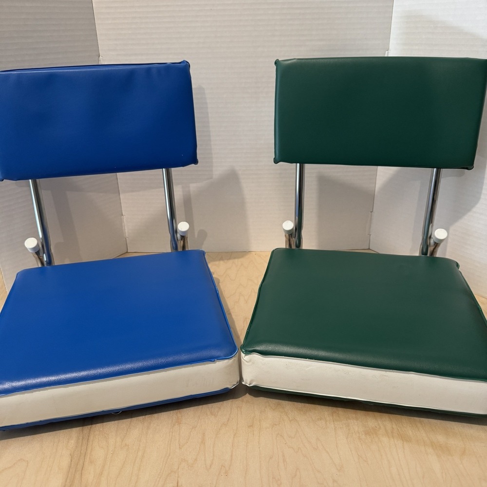 Set of 2 Vintage Foldable Padded Bleacher Stadium Seat Blue & Green with White